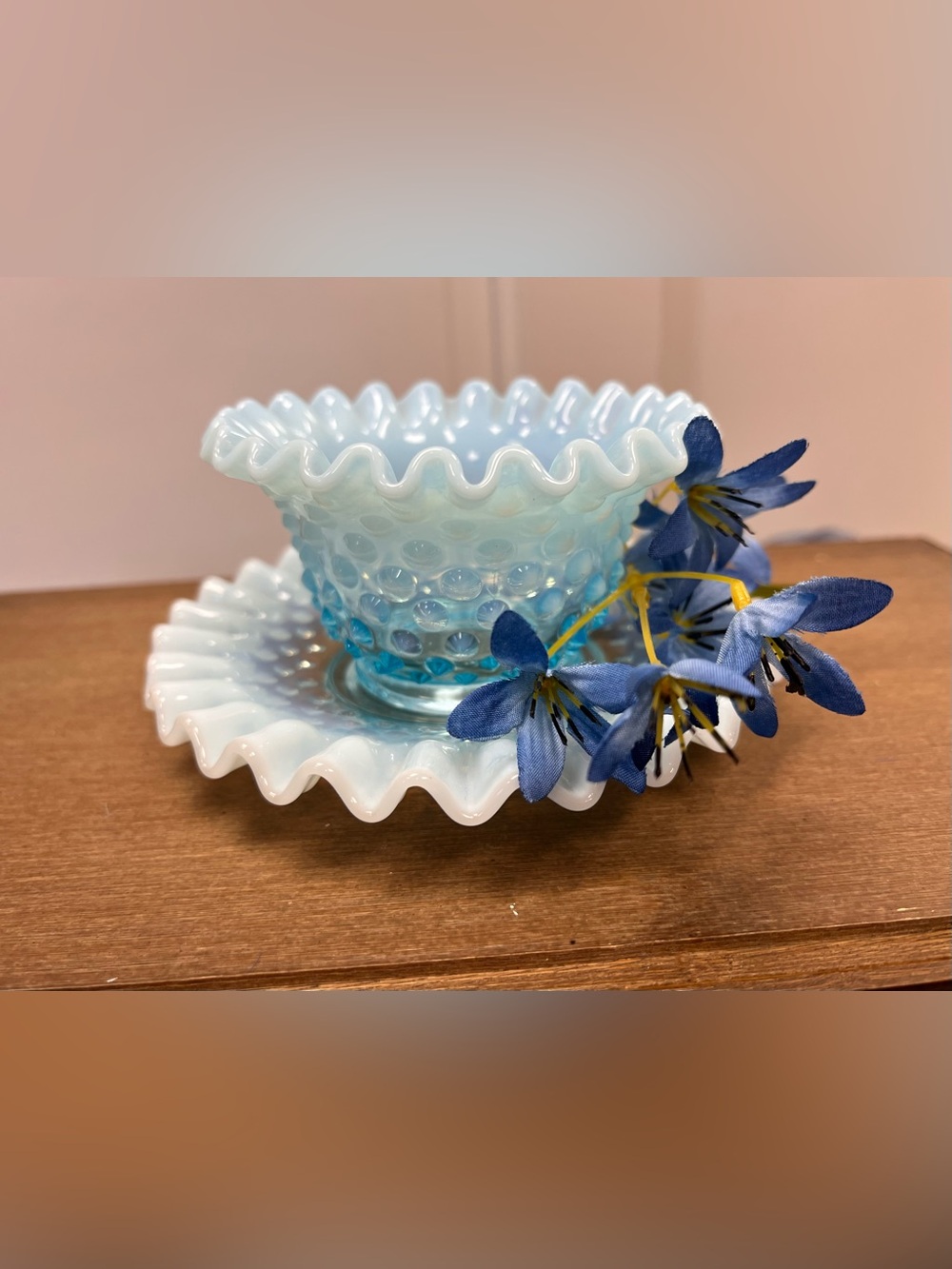 Opalescent Blue Hobnail Glass Bowl and Plate Set - Decorative Home Art